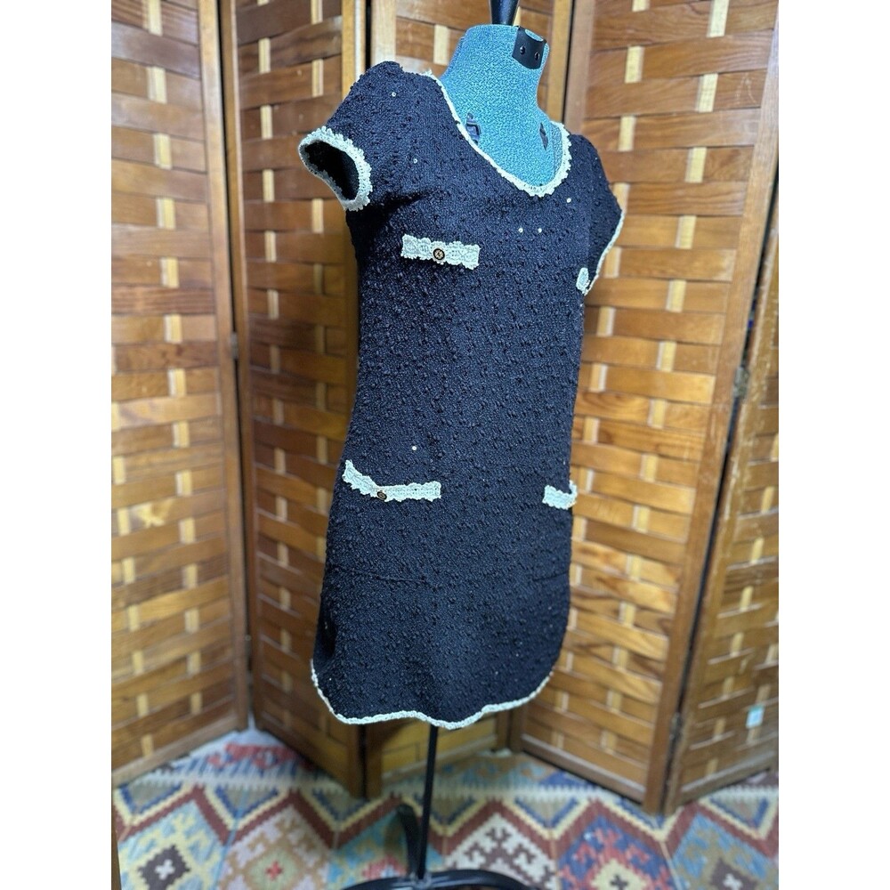 Joseph Ribkoff Womens Mini Knit Dress Black Cream Trim Sequin Vintage XS/S